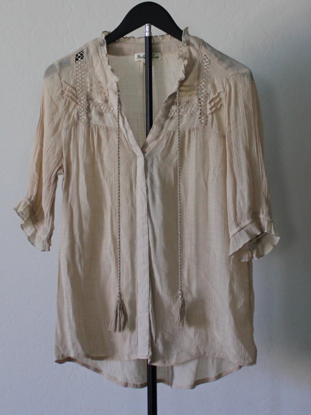 Indie Rose Boho Blouse – Cream Tassel Tie Top – Size S